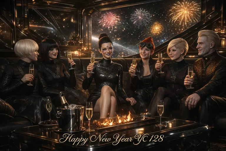 Aiko Danuja celebrating New Year's in a station or spaceship, surrounded by VIP figures. Champagne glass at the table; the window opens onto space.