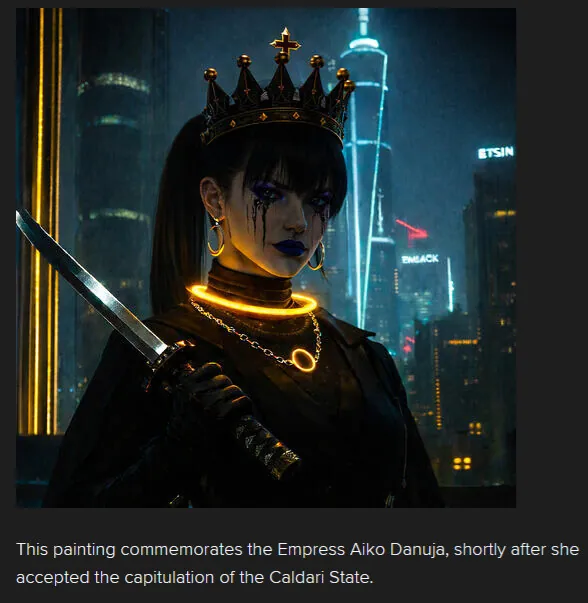 Painting: Empress Aiko Danuja with golden crown + ceremonial dagger, rainy cyberpunk skyline. In-image caption commemorates her acceptance of the Caldari State capitulation.