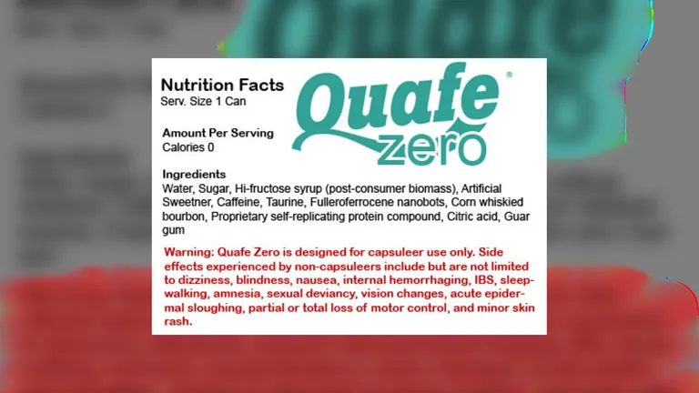 Capsuleer Day 2011 - the tongue-in-cheek Quafe Zero booster nutrition label, the six-pack gifted for EVE's eighth anniversary
