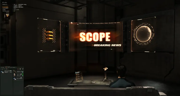 Captain's Quarters interior - the in-room news screen showing The Scope, EVE's in-universe news channel, above the couch where the avatar sits inside the single-room avatar environment.