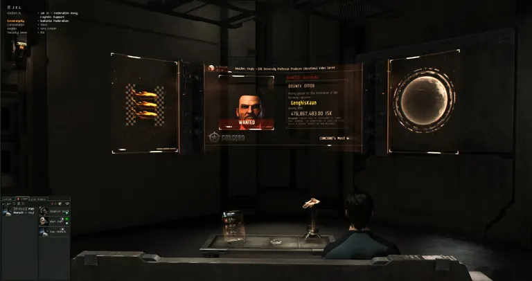 Captain's Quarters interior - the avatar sits on the couch in front of the in-room screen, this time displaying a WANTED bounty notice rather than a Scope news segment.