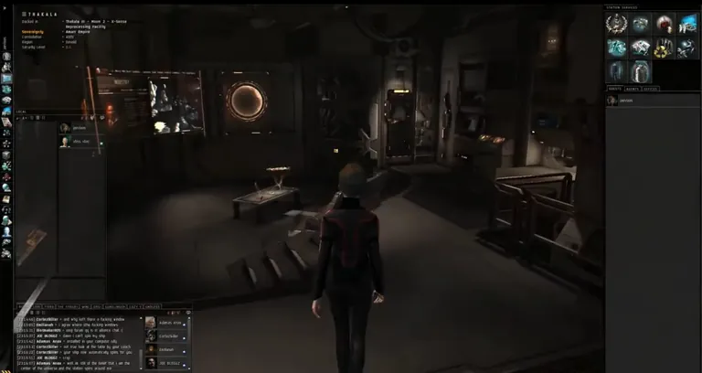Captain's Quarters in active use - Incarna-era screenshot with the full game HUD visible: the avatar walks through the room with chat panels, market, and inventory windows overlaid.
