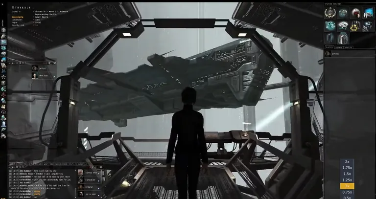 Captain's Quarters hangar balcony - the avatar silhouetted against a docked battleship through the hangar window, with the full game HUD overlaid. The iconic single-occupancy room composition.