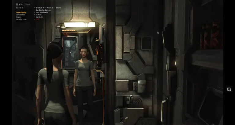 Captain's Quarters interior - a female avatar regards her own reflection in the in-room mirror, the kind of intimate self-presentation moment the single-occupancy room was designed to enable.