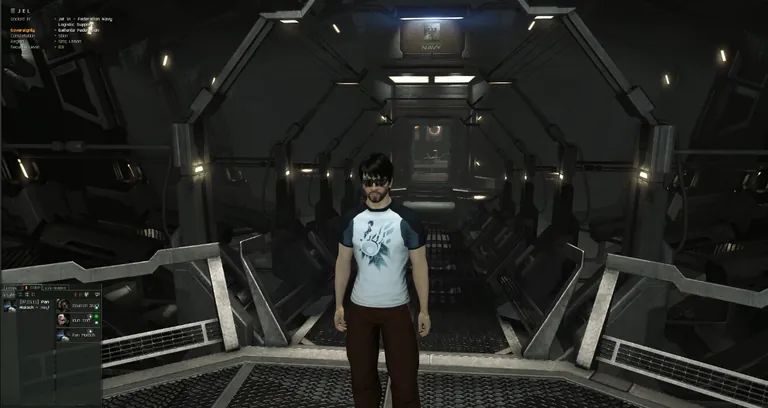 Captain's Quarters viewing balcony - the avatar stands at the railing overlooking the character's ship in the in-station hangar. The balcony was the room's defining composition.