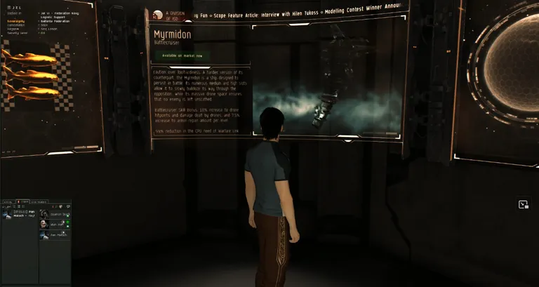 Captain's Quarters fitting screen - the avatar stands in front of the in-room display showing a Myrmidon battlecruiser. The room's fixed objects brought up existing fitting and market UIs.