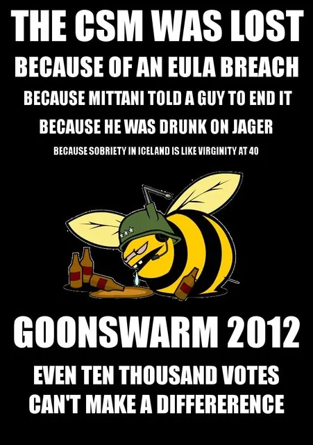 Contemporaneous Goonswarm-internal propaganda art circulated in response to the 30-day ban; reproduced inline by Wilhelm Arcturus on the 29 March 2012 TAGN ban article.