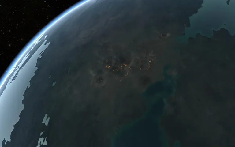 The impact site of the Caldari titan Shiigeru in low orbit of Caldari Prime - the visible-from-orbit scar zone left after Operation Highlander when the titan broke up and slammed into the planet