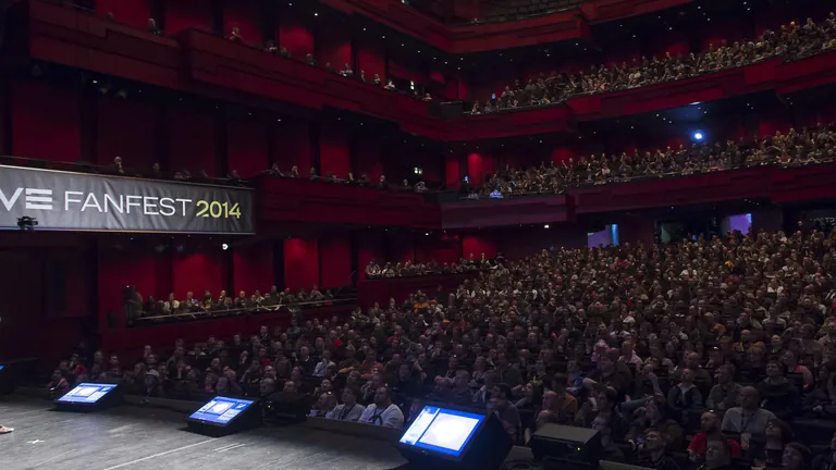 A packed keynote auditorium at EVE Fanfest 2014 in Reykjavik, EVE Fanfest 2014 banner above the stage