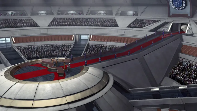 The Gallente Federation founding ceremony from EVE lore - the kind of in-station scene the multi-player establishments vision was meant to make accessible to avatars but never shipped.