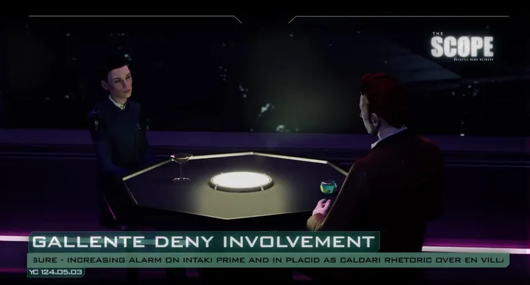 The Scope - "Fight Against Smugglers and Growing Diplomatic Crisis" news broadcast. Character stands at an in-station console framing a continuing CCP cinematic-content pattern.