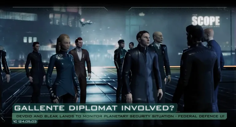 The Scope - "Gallente Diplomat Involved?" follow-on from the smugglers arc, YC 124. Multi-character diplomatic lineup composition in-station.