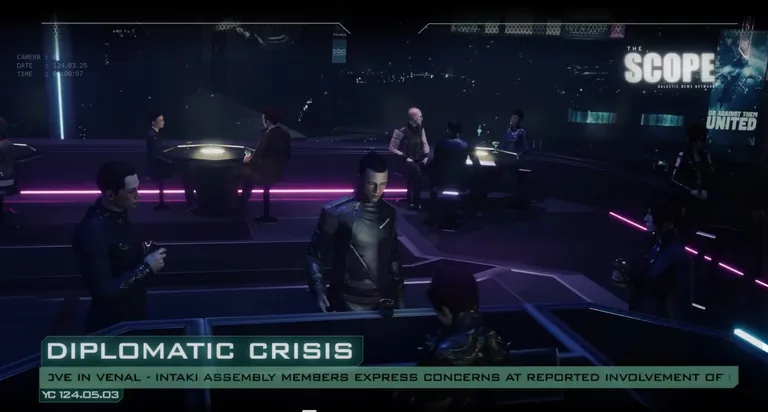 The Scope - third frame from the smugglers / diplomatic crisis broadcast: another in-station composition recurring across CCP's in-universe news content.