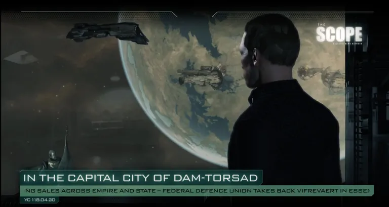 The Scope - "Imperial Succession Trials Celebrations Begin!" broadcast from Dam-Torsad, the Amarr capital, YC 119. Character stands watching ships overhead in an in-station composition.