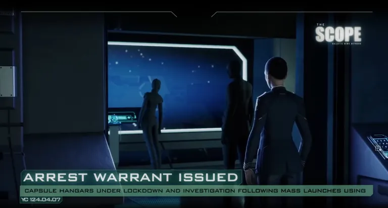 The Scope (CCP's in-universe news) - "Arrest Warrant Issued, Jita 4-4", YC 124. Years after Captain's Quarters retired, the avatar-in-station composition still leads CCP cinematics.