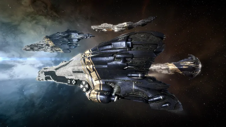 Capsuleer Day XV - capsuleer ships in the black-and-gold Capsuleer Elite XV anniversary SKIN drifting through a nebula; the 2018 fifteenth-anniversary livery