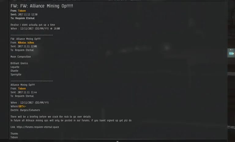 A Requiem Eternal alliance evemail: a forwarded "Alliance Mining Op!!!!!" chain with moon composition and a Barges/Exhumers doctrine - the evemail-run mining culture REQ was mocked for