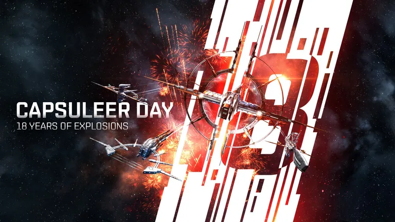 Capsuleer Day 18 Years of Explosions key art - ships and fireworks bursting around a stylised 18; an alternate 2021 anniversary art