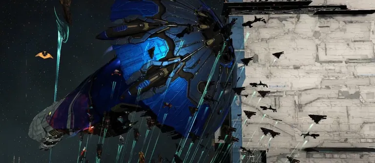 An attacking Muninn heavy-assault-cruiser fleet pours fire across the grid while a B0SS structure at right is swarmed under attack - Northern Coalition. point of view, January 2022.