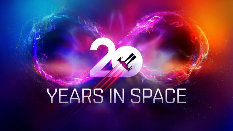 EVE Online 20 Years - Years in Space key art - a luminous figure-eight nebula framing a giant 20; the 2023 twentieth-anniversary art