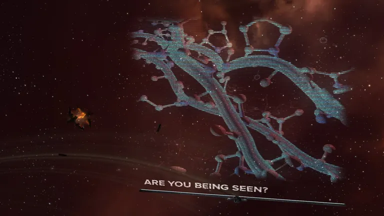An in-game EVE Online billboard floating in space displaying an advertisement reading ARE YOU BEING SEEN, a ship nearby against a red nebula.
