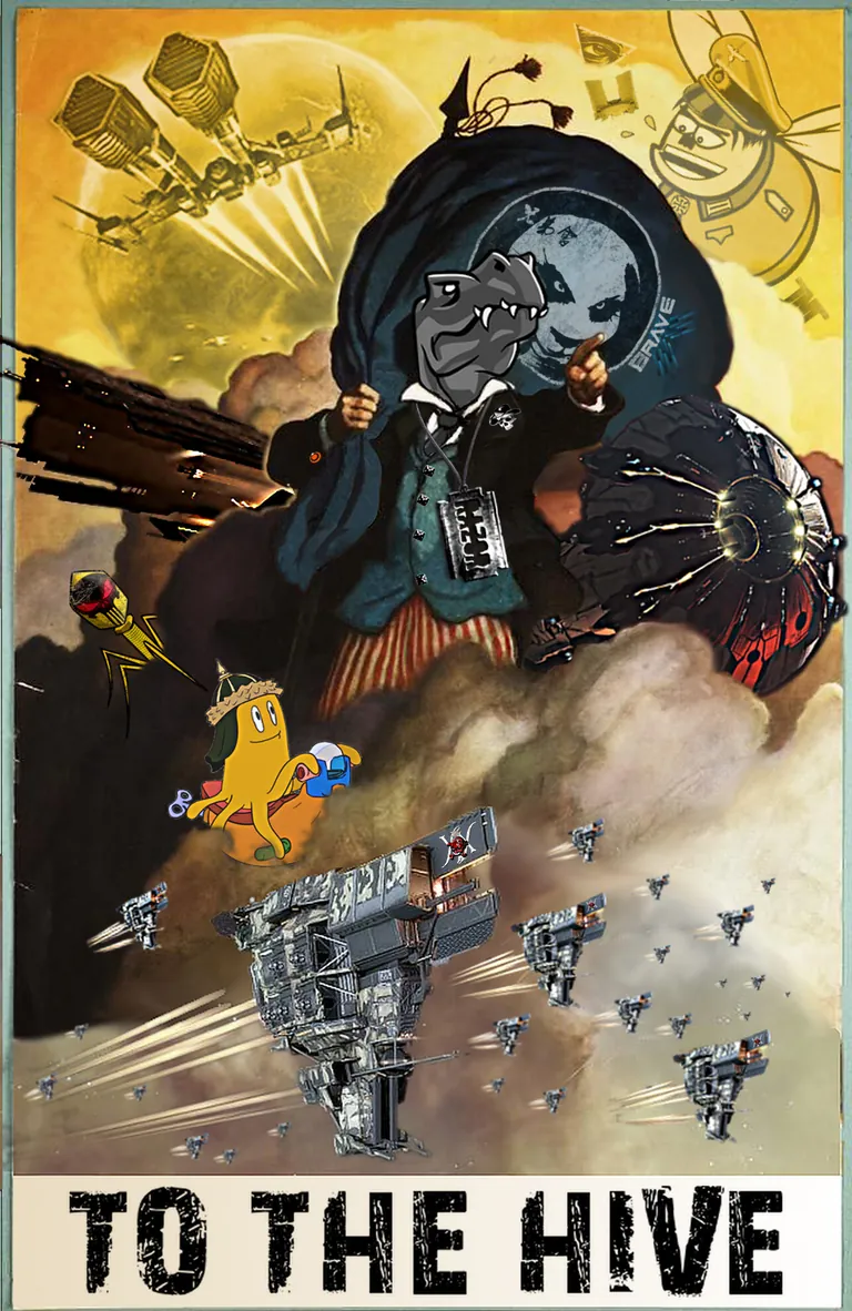 Player-made EVE Online recruitment propaganda poster titled TO THE HIVE, a cloaked figure looming over a fleet of structures.