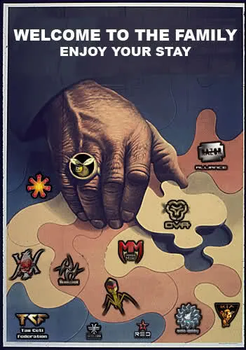 Player-made EVE Online propaganda poster reading WELCOME TO THE FAMILY ENJOY YOUR STAY, a hand placing a signet ring over a map of alliance crests.