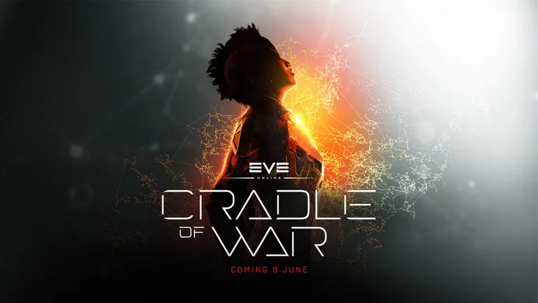 EVE Online Cradle of War key art - a figure dissolving into embers; the expansion revealed at the 2026 independent-CCP Fanfest