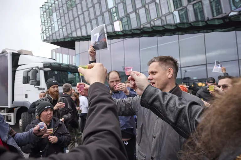 Capsuleers toast outside the Harpa concert hall during EVE Fanfest 2026 in Reykjavik
