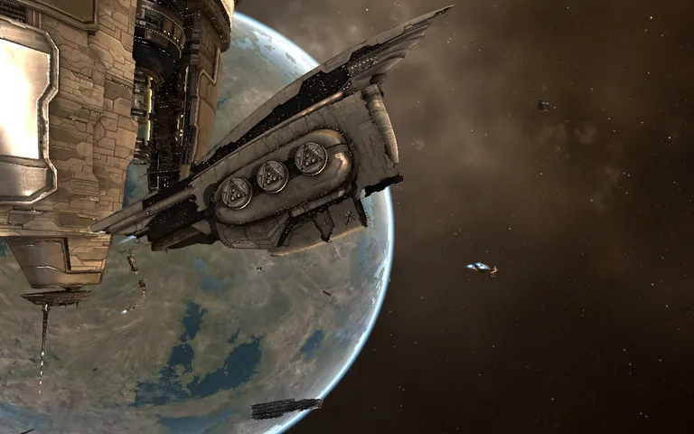 The Revelation-class dreadnought Veldnaught in Amarr 1.0 high-sec; the golden-hulled Amarr capital ship in the foreground with the Amarr trade hub in the background