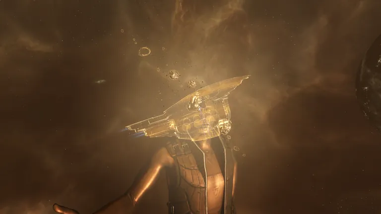 The Chribba Monument: an 8,000 m statue of Chribba with one arm on his hip and the other extended in welcome, head turned toward a holographic Veldnaught orbiting asteroids in front of him