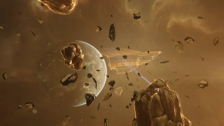 A close-up of the Chribba Monument's holographic Veldnaught: the Revelation-class hull in miniature, mining beams active, orbiting a small asteroid field on the monument's display platform
