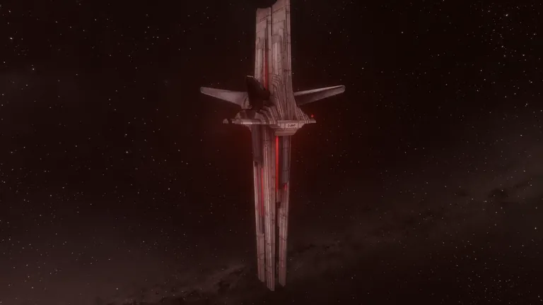 Red-hued A History of War monument near the 78-0R6 stargate in C-J6MT - hewn from volcanic rock with magmatic red glow from the interior, raised in 2021 to commemorate the 2006 siege