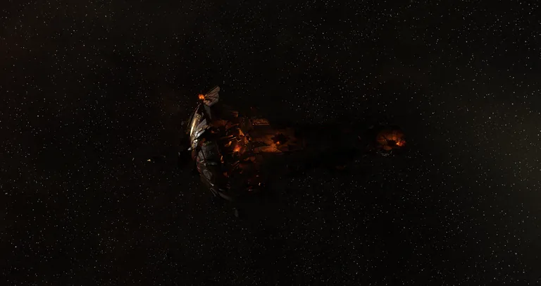 A modern in-game screenshot of the same Avatar wreck rendered under the post-graphics-overhaul engine, ember-orange embers glowing within the breaks, the broken hull profile clearly an Avatar