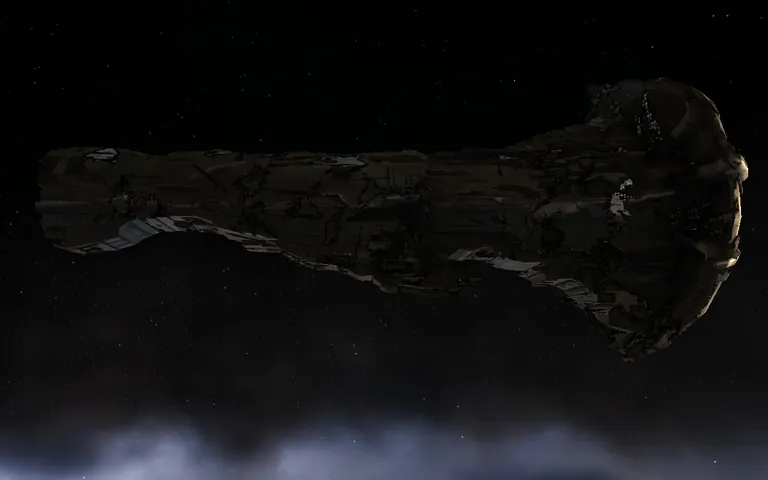 A 2010-era in-game screenshot of the hollowed Avatar hull side-on against a dark nebula horizon; the photograph captioned "The Professor can't even be seen amidst this hulking wreck"