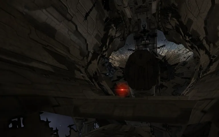 A 2010-era screenshot from inside Steve's gutted hull looking back out through a torn opening, the Buzzard "Professor" a tiny silhouette beside a single red beacon flare