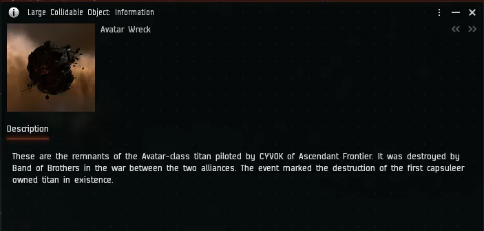 A screenshot of the in-game Large Collidable Object Information panel for the Avatar Wreck in C9N-CC, with CCP's lore description naming CYVOK and Ascendant Frontier and Band of Brothers