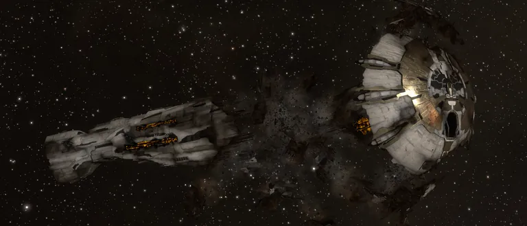 A wide-format shot of the broken Avatar wreck split into two halves against a star field, glowing ember-orange in the breaks; the post-graphics-overhaul view CCP shipped in 2016