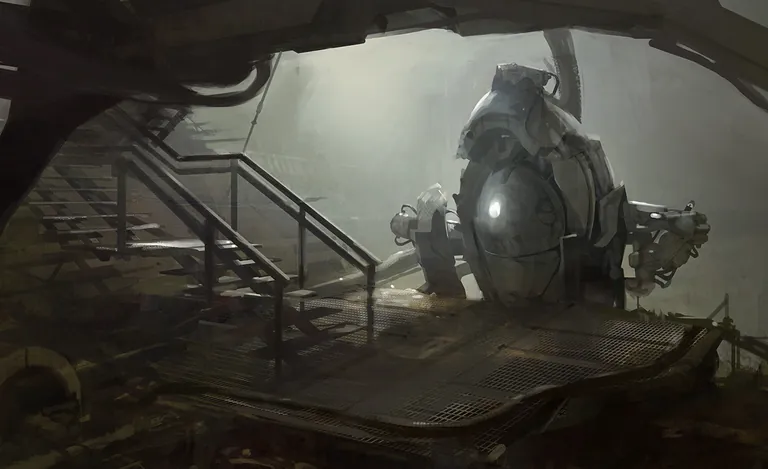 A painterly capsule-bay in dark greys and greens; a capsule sits on a railed platform reached by open stairs, with mechanical arms reaching from upper-right; hero of Helicity's 2023 EVE fiction post