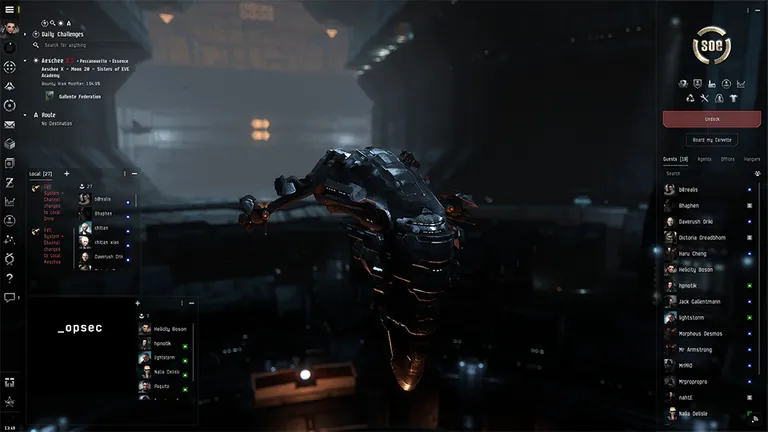 A modern screenshot of a Sisters of EVE Astero in hangar; the Local panel lists "Helicity Boson" among 27 pilots and an "_opsec" private channel is open lower-left; SOE branding upper-right