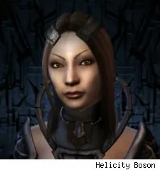 A 2010-era portrait of Helicity Boson - female capsuleer, dark hair, forehead ornament, high-collared dark jacket against a dark interior; the avatar Mat Westhorpe used to anchor the spotlight