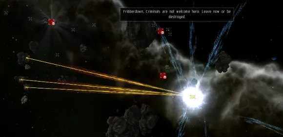 A 2010-era highsec gank - golden tracers converging on an exploding target against asteroids; a local-chat overlay reads "Fribberdown, Criminals are not welcome here. Leave now or be destroyed."
