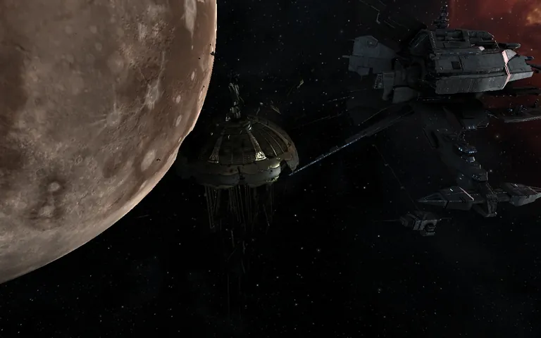 The Jita Memorial in ruins after the YC113 monoclegate riots - the head of the original Ruevo Aram riddle-contest statue floats severed near Jita 4-4, kept by CCP as a reminder of the player uprising