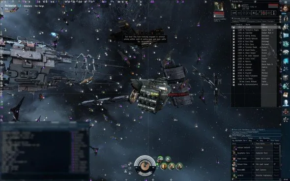 Full Jita 4-4 undock HUD with the Overview pane open in The Forge - drone-fleet ships clustered and weapon flares mid-engagement.