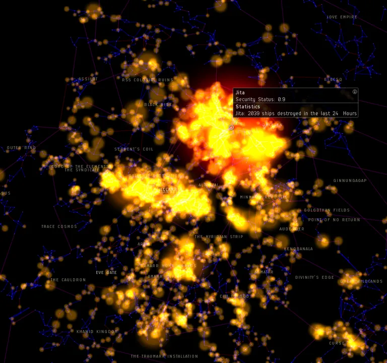 CCP's universe kill-heatmap from the devblog - each dot is one of EVE's 5,431 solar systems; the orange flare at right-of-centre is Jita and its neighbours during the event.