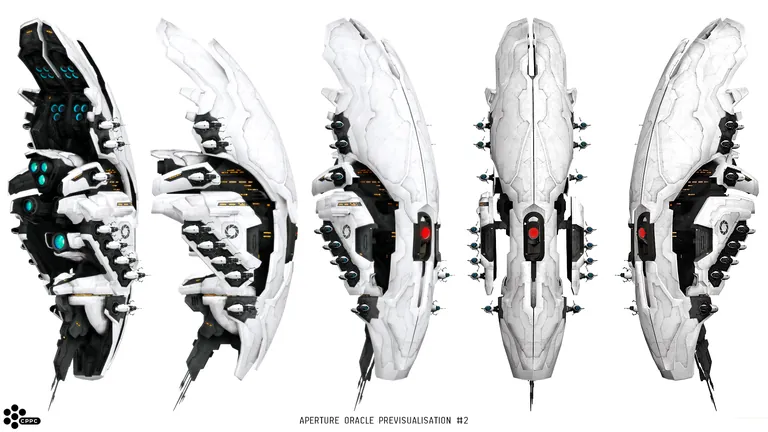 Aperture Oracle previsualisation, a five-view clean-white Oracle SKIN concept carrying the CaldariPrimePonyClub logo
