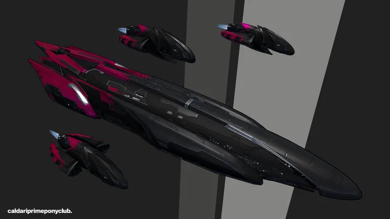 A pink-and-black ship livery watermarked caldariprimeponyclub, one of T'amber's signature pink-ship SKIN concepts