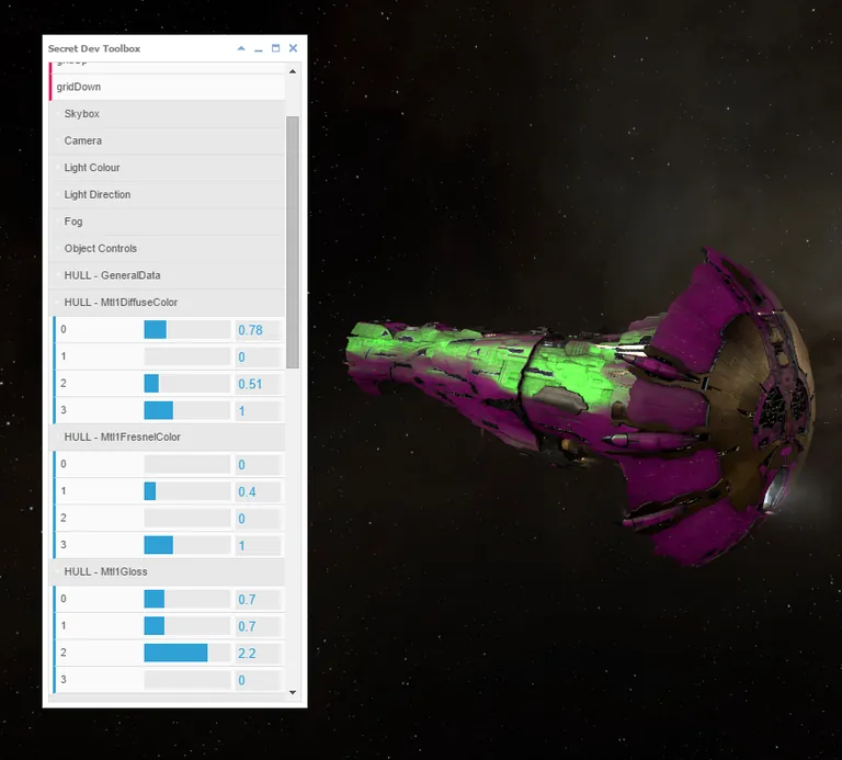 The Jeremy dev toolbox, CaldariPrimePonyClub's in-browser ship painter, colouring a hull magenta and green over a starfield
