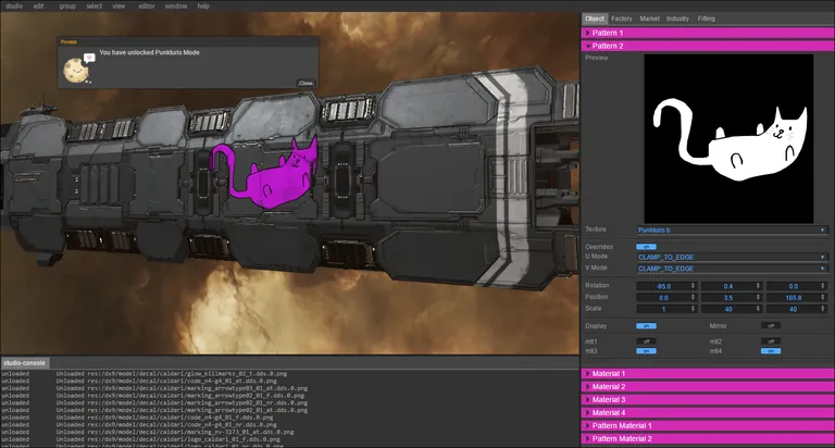 CaldariPrimePonyClub's later 3D-scene tool, with T'amber's signature pink cat painted onto a station hull