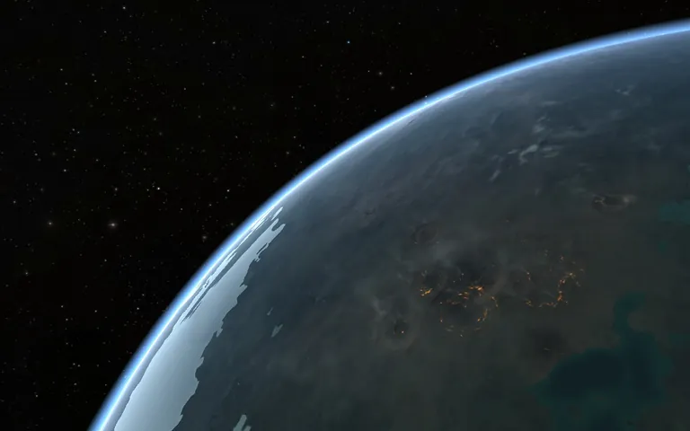 View from high orbit of the Operation Highlander Battleground - Mark726's pilgrimage shot taken weeks after the live event with titanium diborite fires still visible across the impact zone